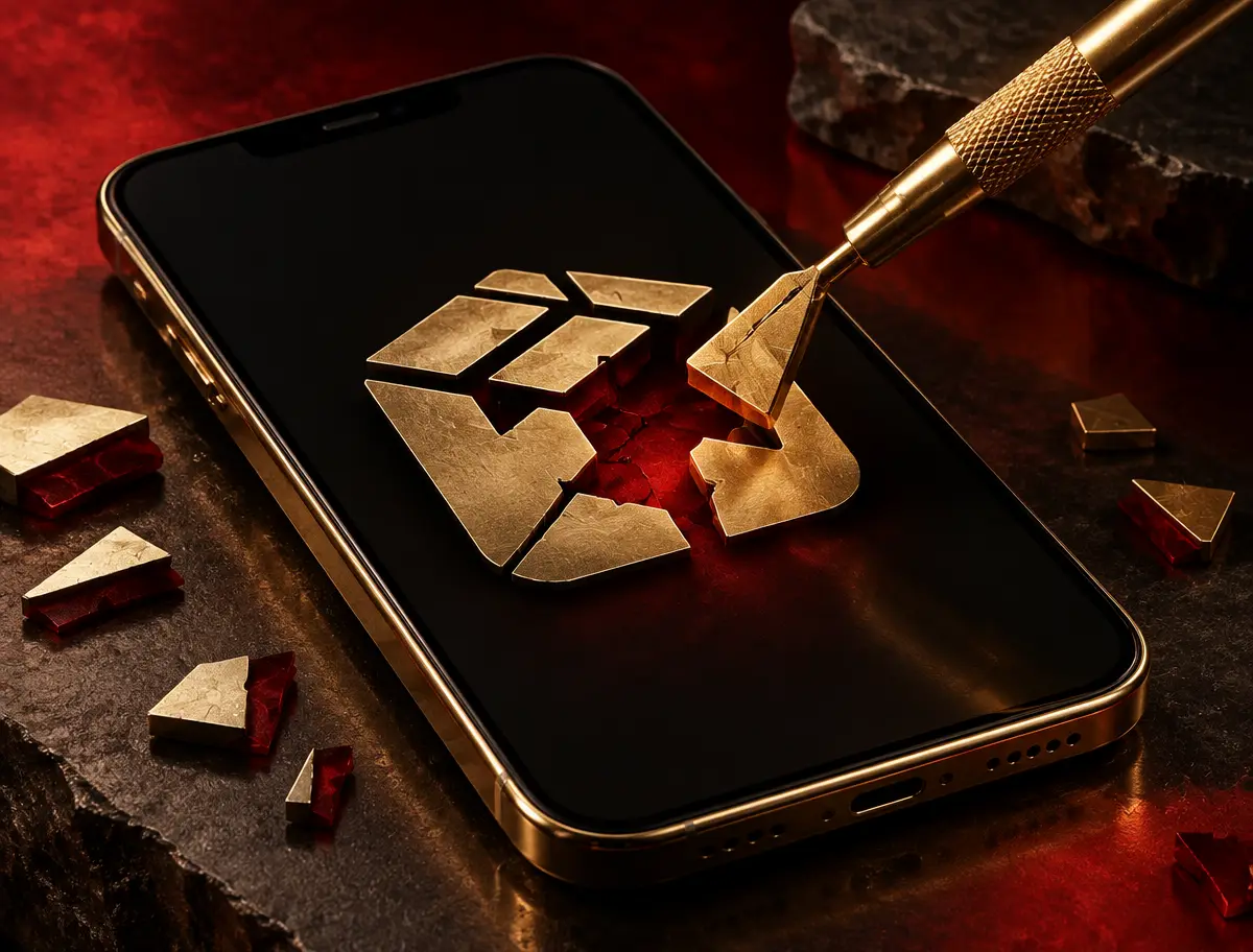 Phone with a broken package symbol being carefully repaired