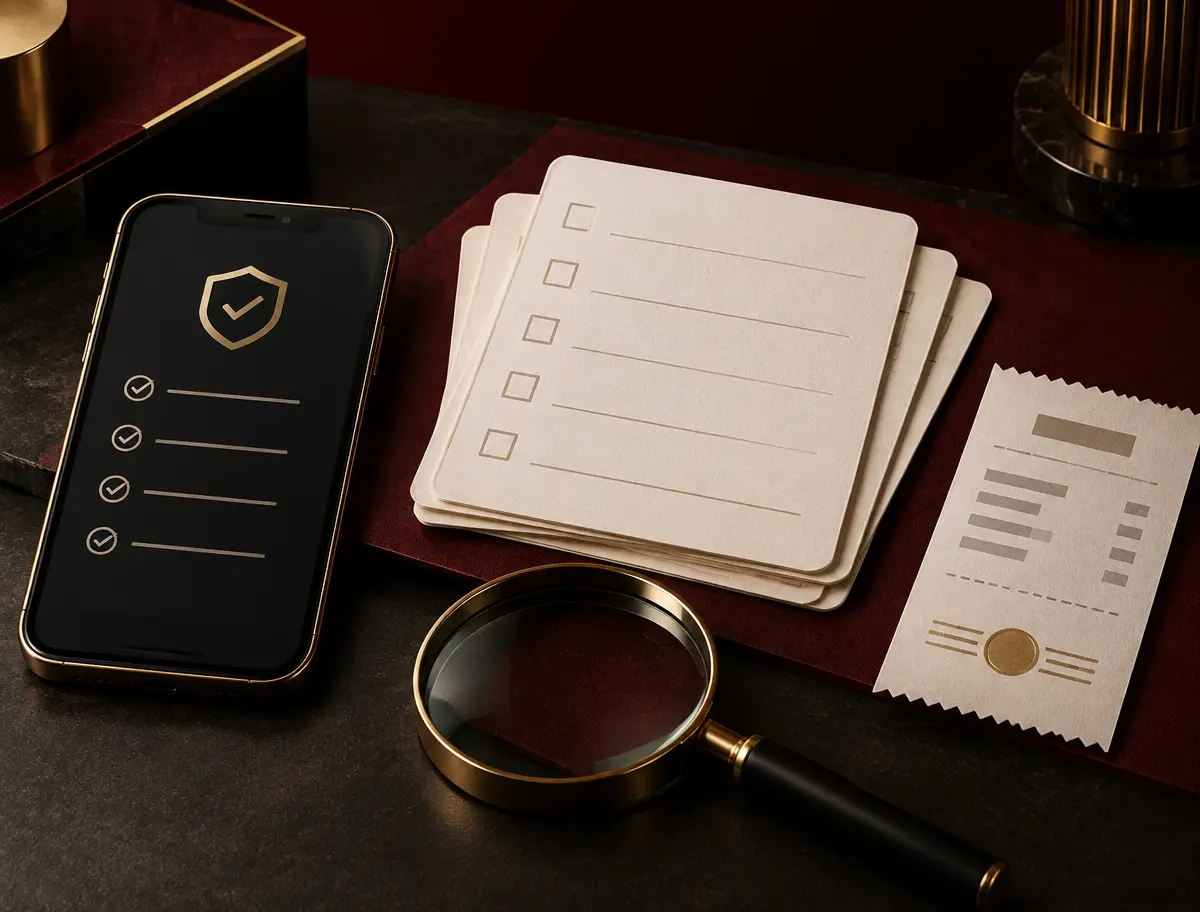 Phone, blank payment checklist, receipt and magnifying glass
