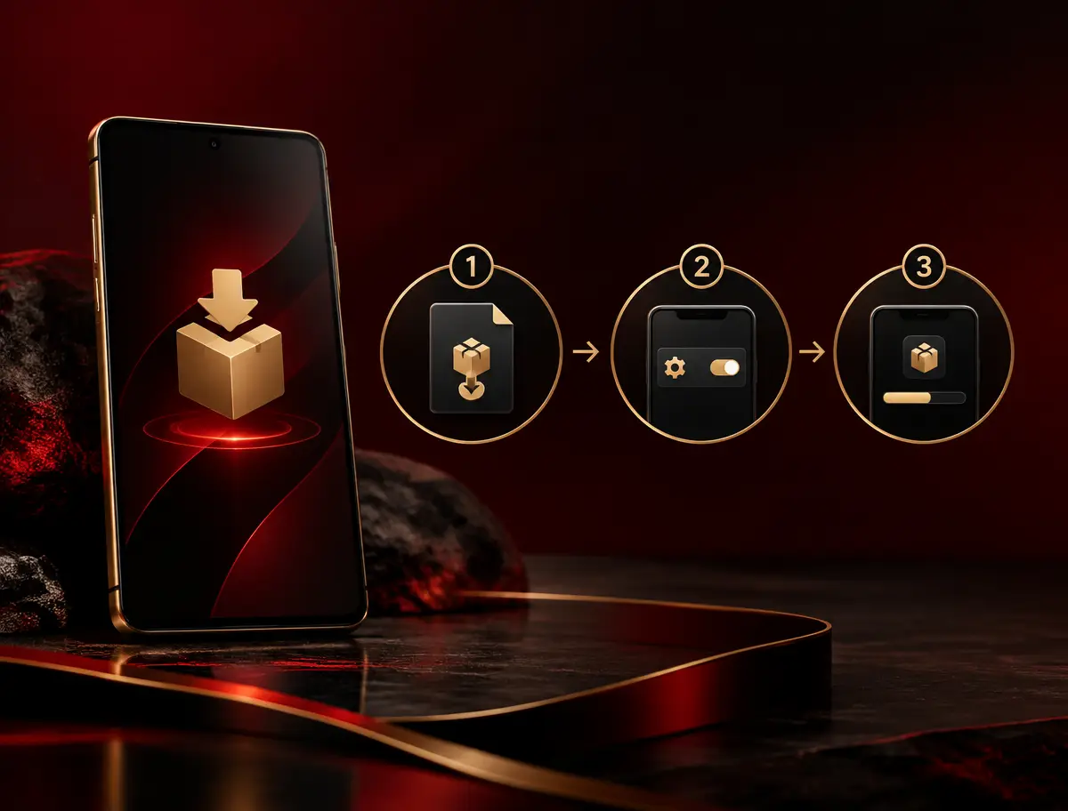 Phone with three visual APK installation steps