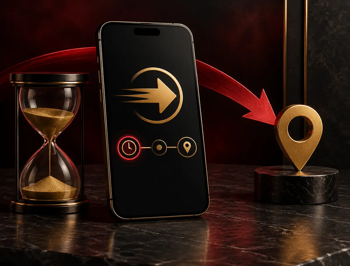 Phone with outgoing request arrow, hourglass and destination marker